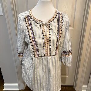 Peasant or Boho Top blue and White Stripes with Embroidery Large